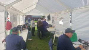 The crew at one of the few slow points of the day