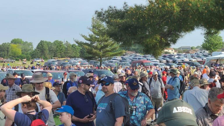 A crowd waiting for gates to open on Saturday at Hamvention 2022.