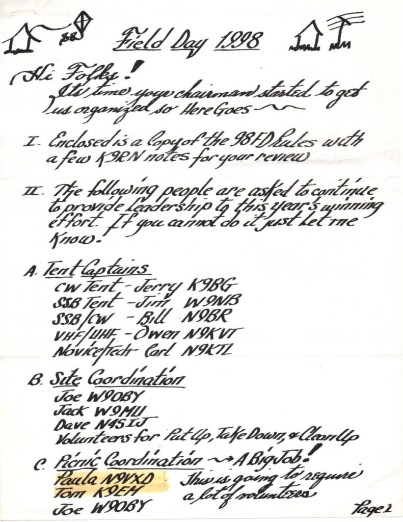 Page 1 of a 1988 Field Day planning document - Courtesy of Tom and Paula Esser (K9EM/N9VXD)