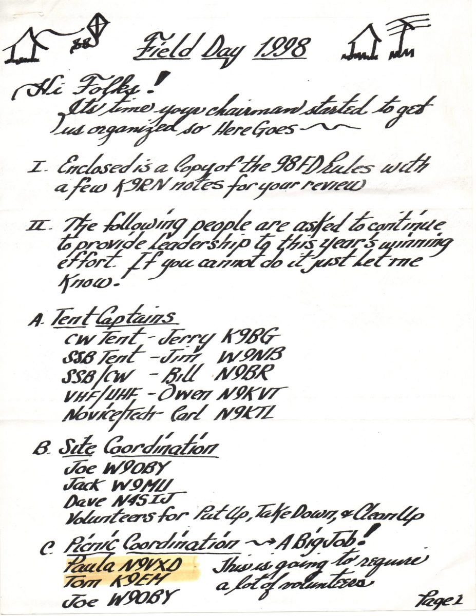 Page 1 of a 1988 Field Day planning document - Courtesy of Tom and Paula Esser (K9EM/N9VXD)